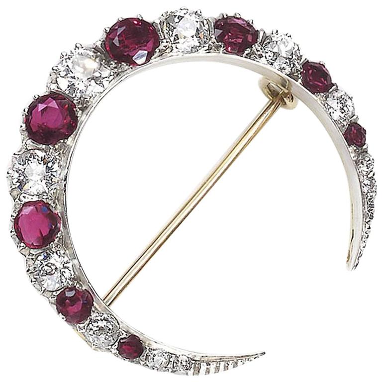 Antique Victorian Sapphire Ruby Diamond Crescent Clover Stars Bar