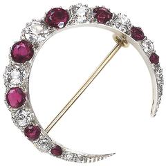 Antique Ruby Diamond Crescent Brooch 8