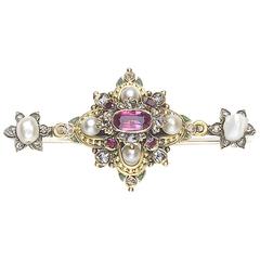 Antique Victorian Ruby Diamond Pearl Brooch