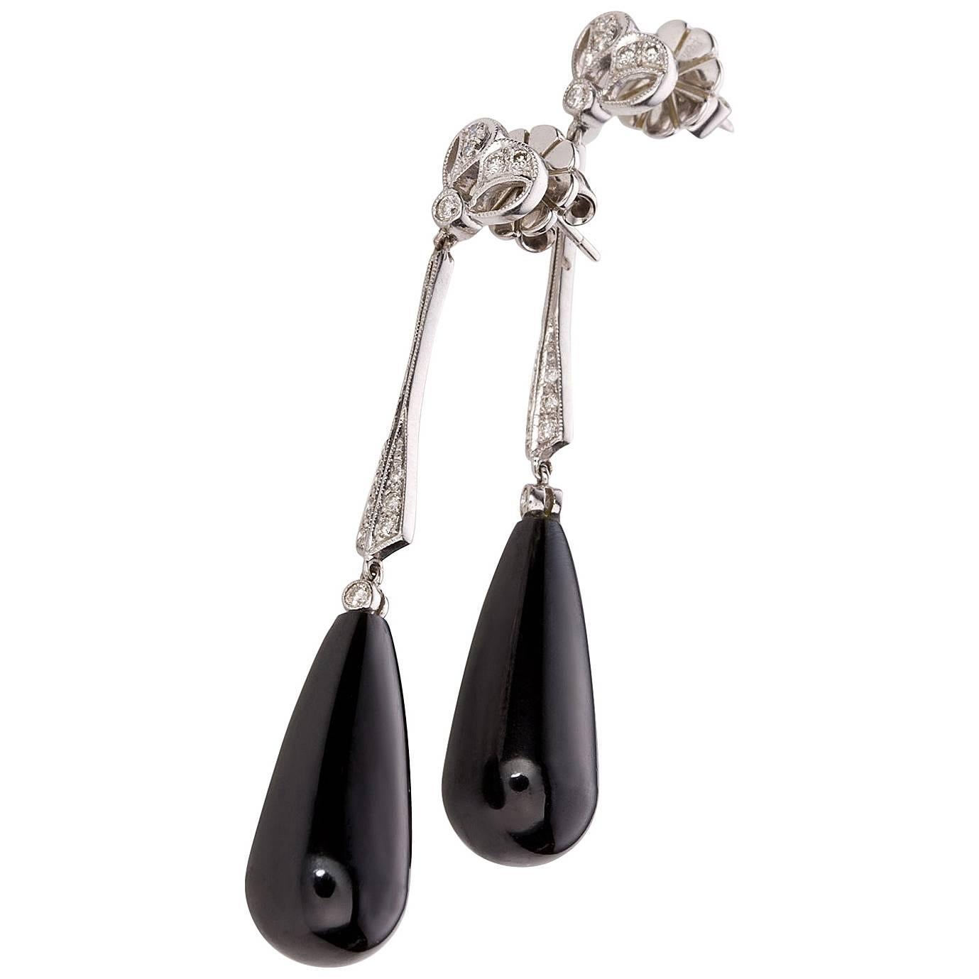 Black Onyx and Diamond 18 Karat White Gold Drop Earrings