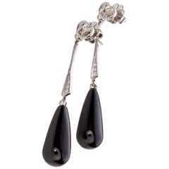 Black Onyx and Diamond 18 Karat White Gold Drop Earrings