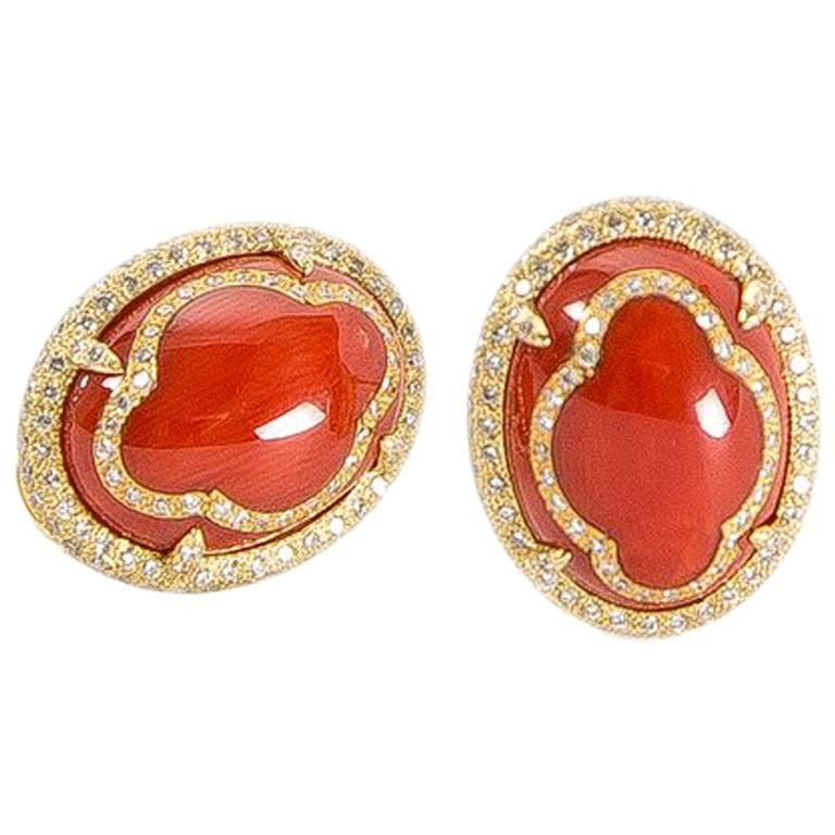 18 Karat Yellow Gold Earrings with Coral and White Diamonds For Sale