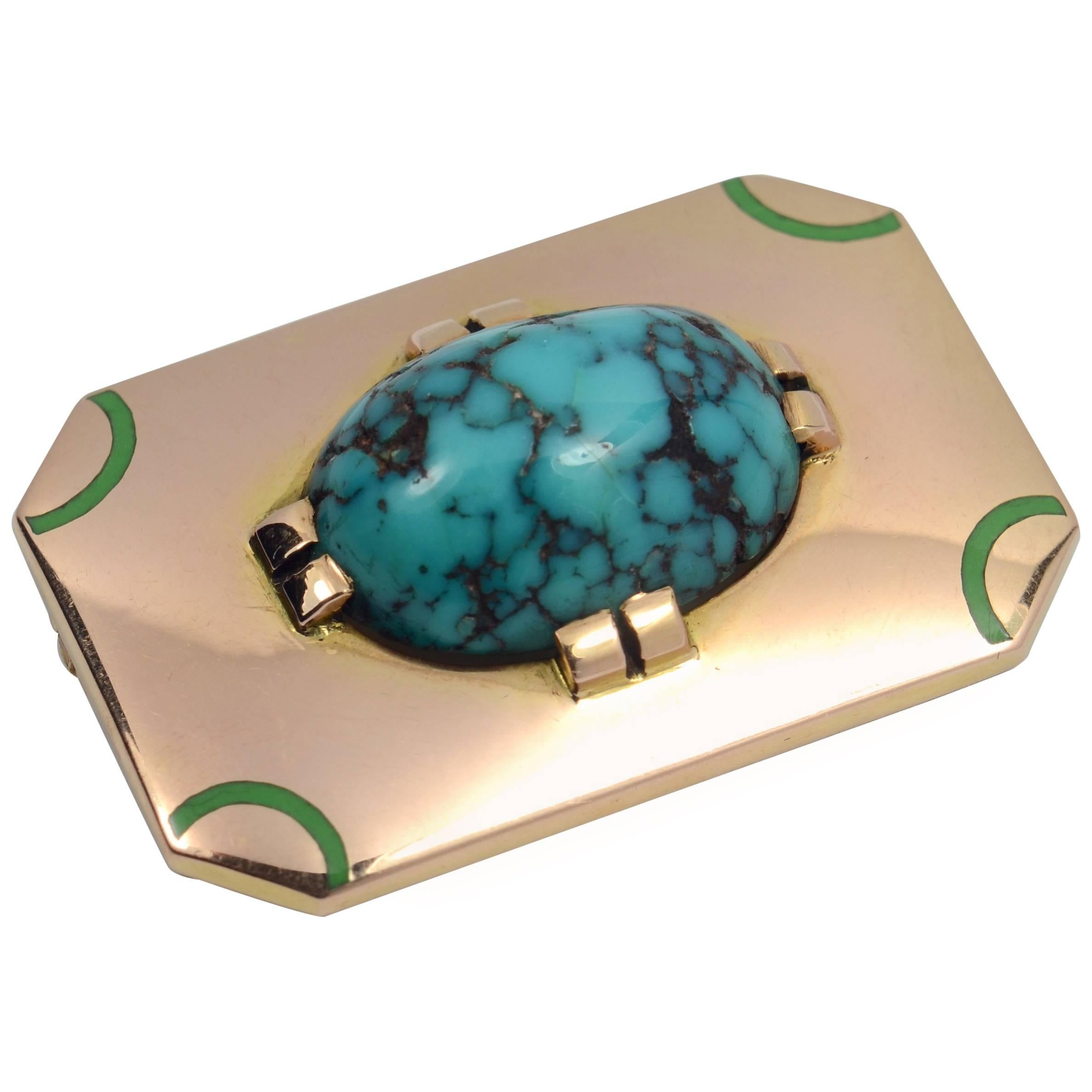 French Art Deco Turquoise Enamel Gold Brooch For Sale