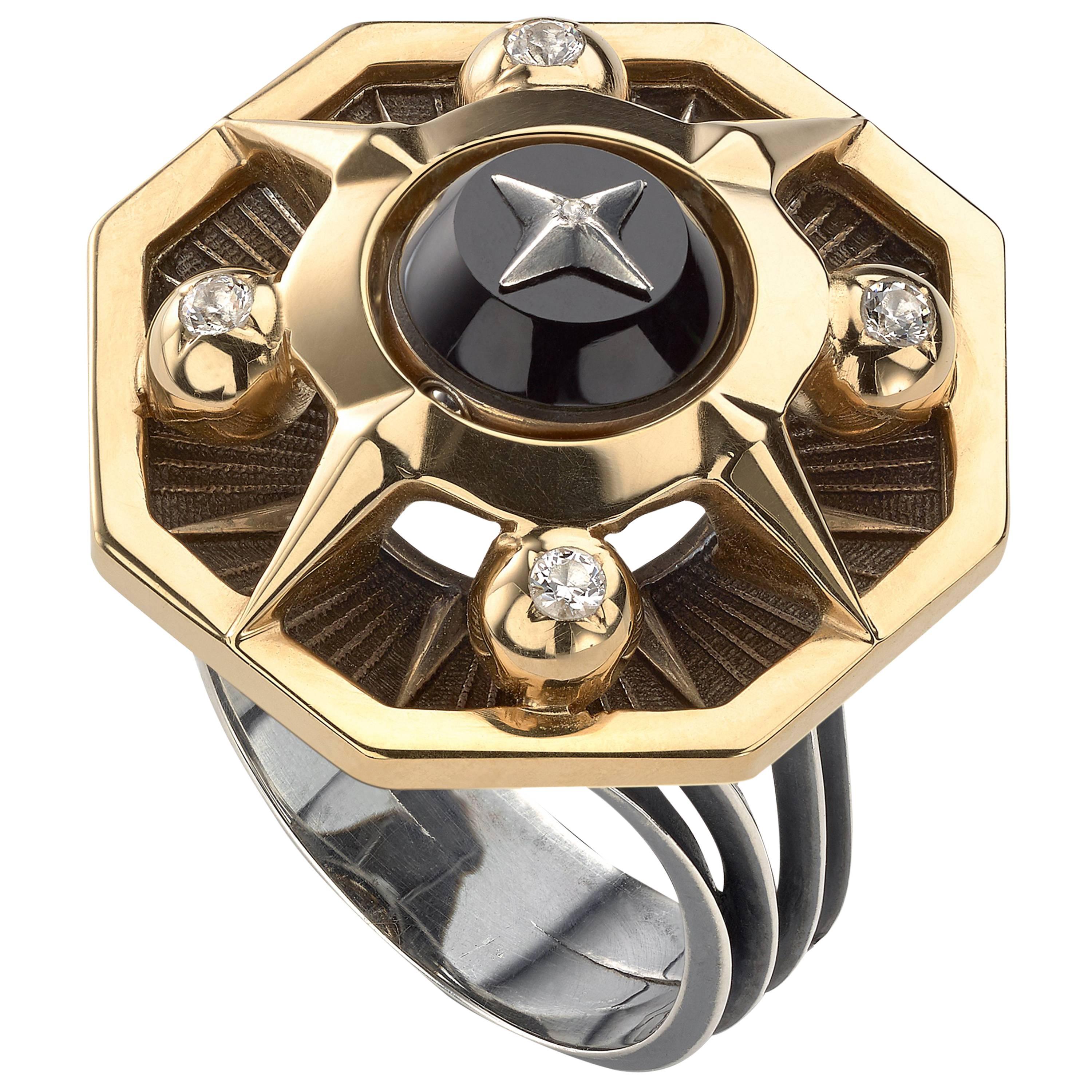 Elie Top Etoile Mystery Octogonal Diamond Onyx Ring  For Sale