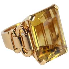 French Vintage Yellow Citrine Rose Gold Ring