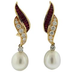 Oscar Heyman Ruby Diamond South Sea Pearl Gold Earrings