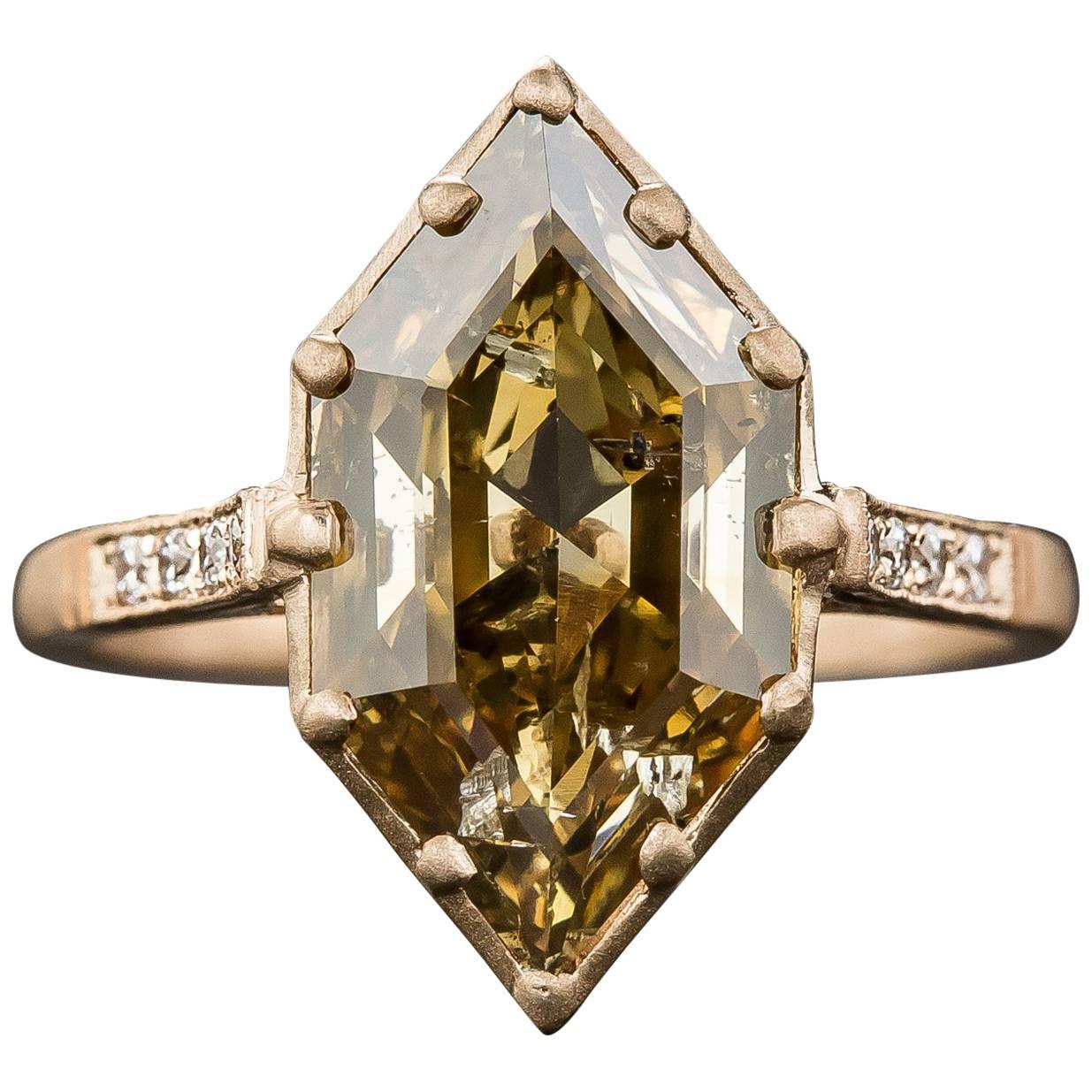 GIA Report 3.43 Carat Natural Brown Hexagonal Diamond Ring For Sale