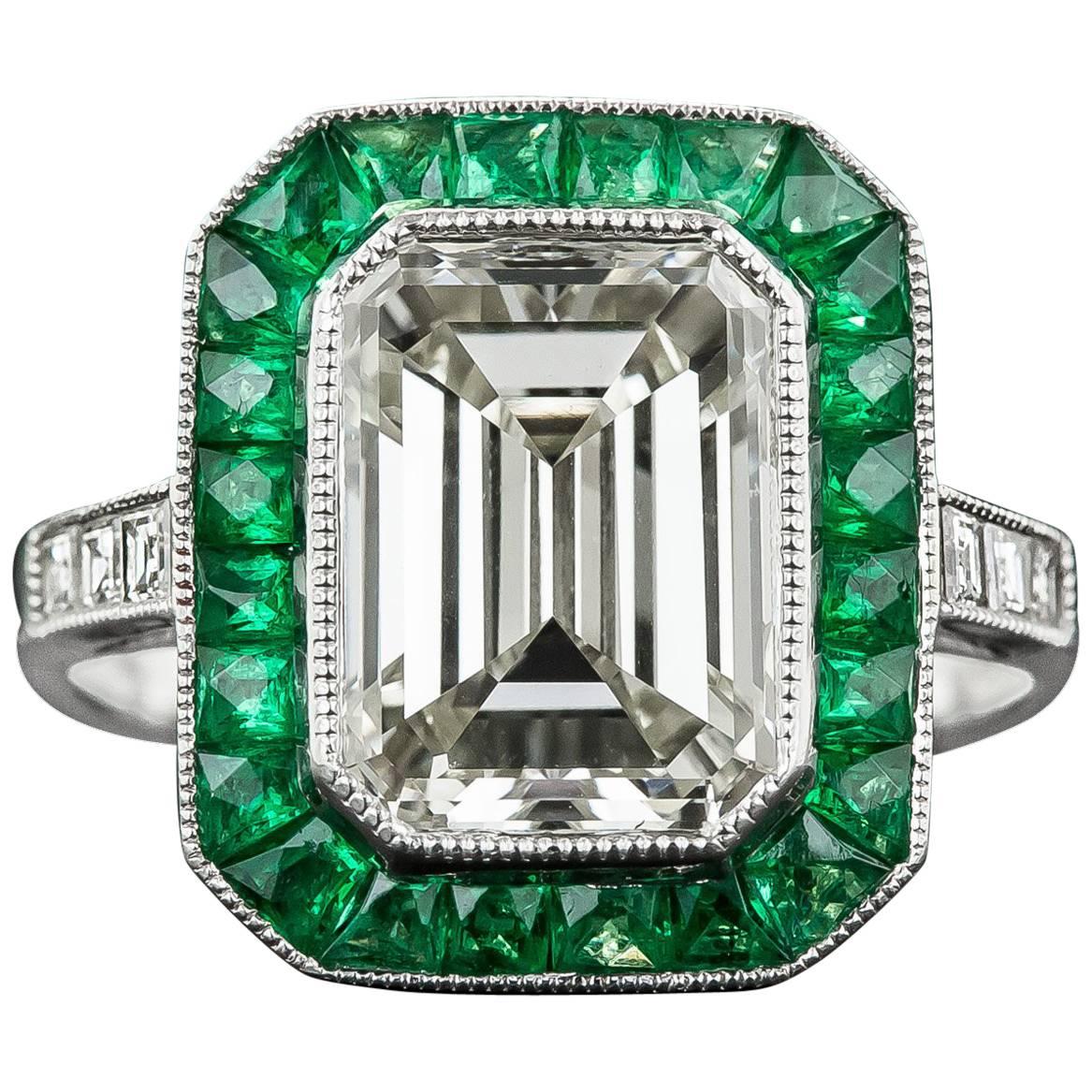 3.00 Carat Emerald-Cut Diamond Emerald Calibre Halo Ring For Sale