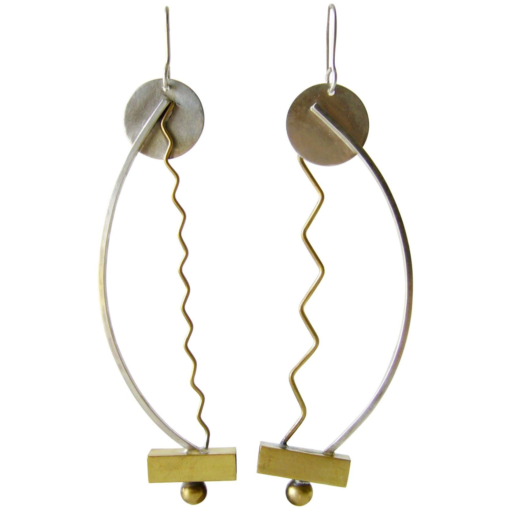 Heidi Abrahamson Sterling Brass Squiggle Post Modernist Earrings For Sale