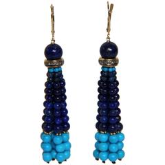 Marina J Turquoise Lapis Lazuli Diamond Gold Tassel Earrings