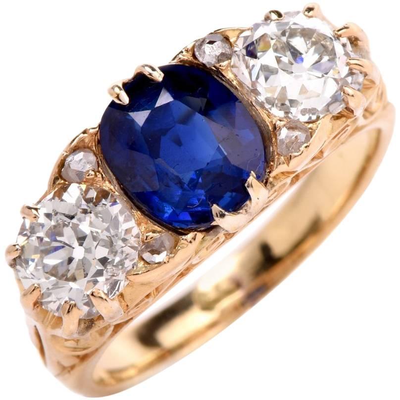 Antique Sapphire Diamond Three Stone Gold Ring