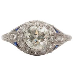 1900s Platinum Diamond Ring with Trillion Cut Blue Sapphire Accents 3