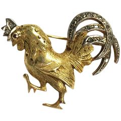 Victorian Ruby Diamond Gold Rooster Brooch