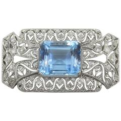 Art Deco Aquamarine Diamond Platinum Brooch