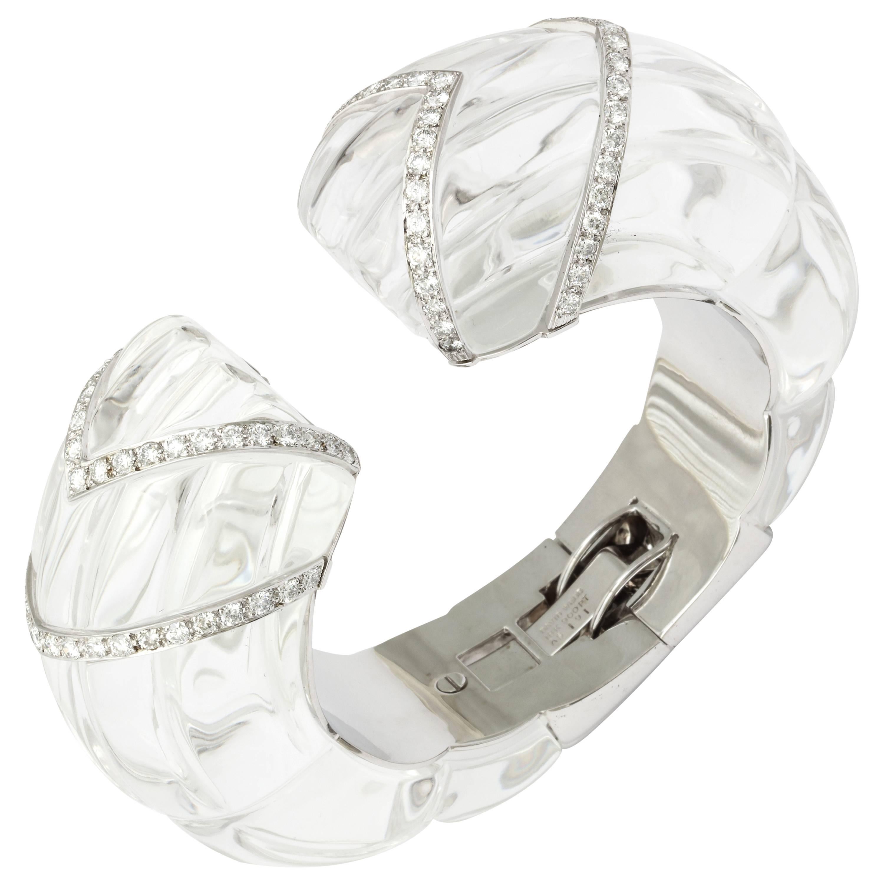 David Webb Rock Crystal Diamond Bangle Bracelet For Sale