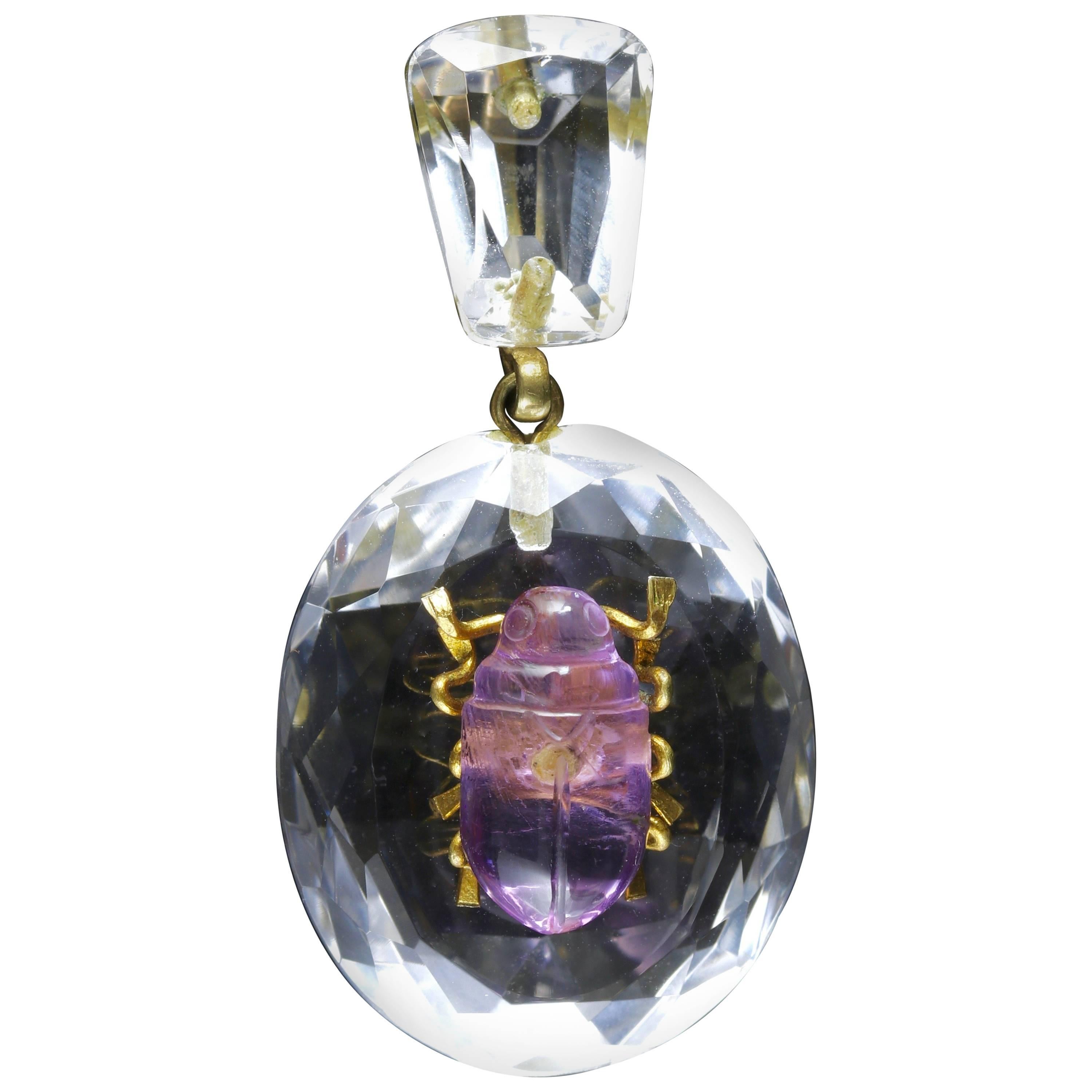 Antique Victorian Rock Crystal Amethyst Bug Gold Pendant For Sale