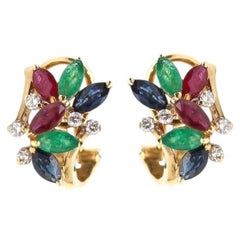 Flowers 18K Gold Earrings Diamonds Emeralds Sapphires Natural Motive, 2000
