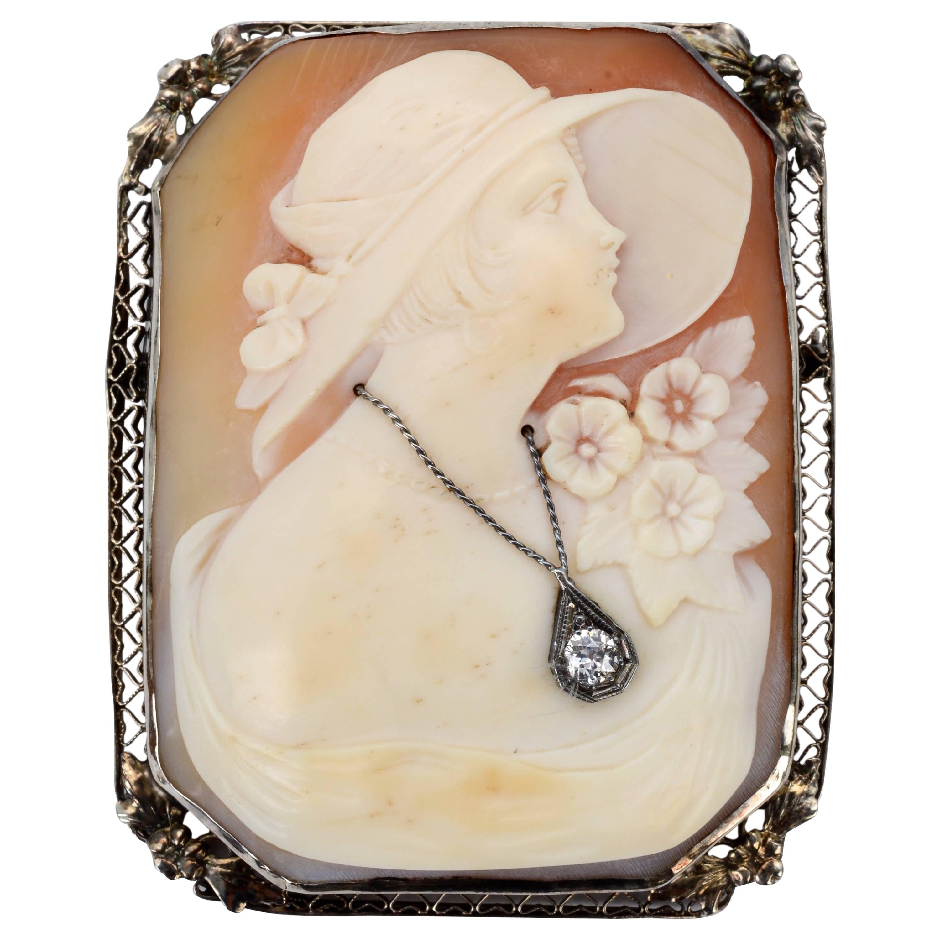 14K White Gold, Cameo and Diamond Brooch, c1920's For Sale