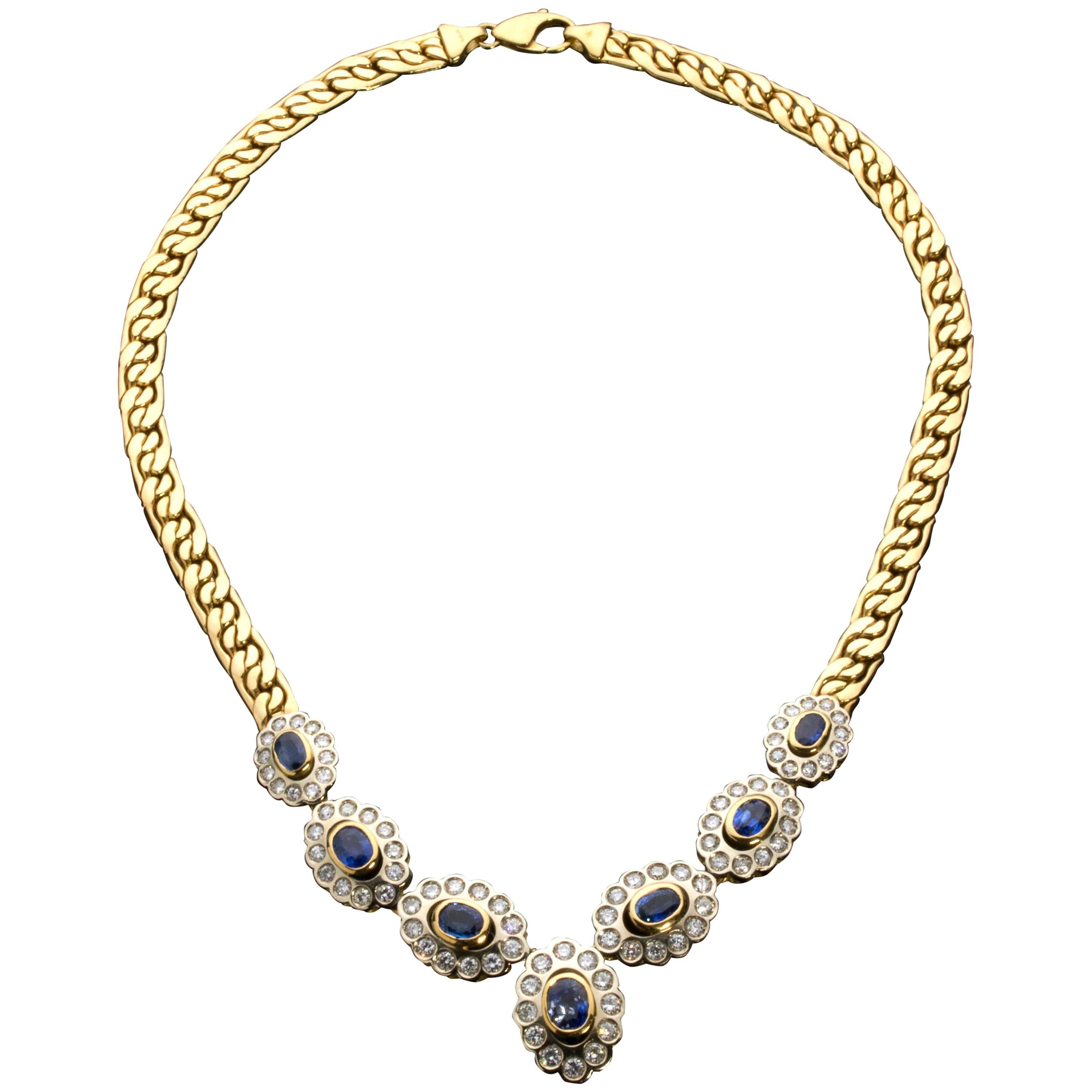 Blue Sapphire and Diamond Gold Necklace For Sale