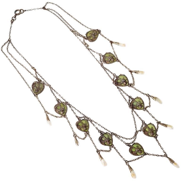 French Art Nouveau Silver and Plique-à-Jour Enamel Festoon Necklace