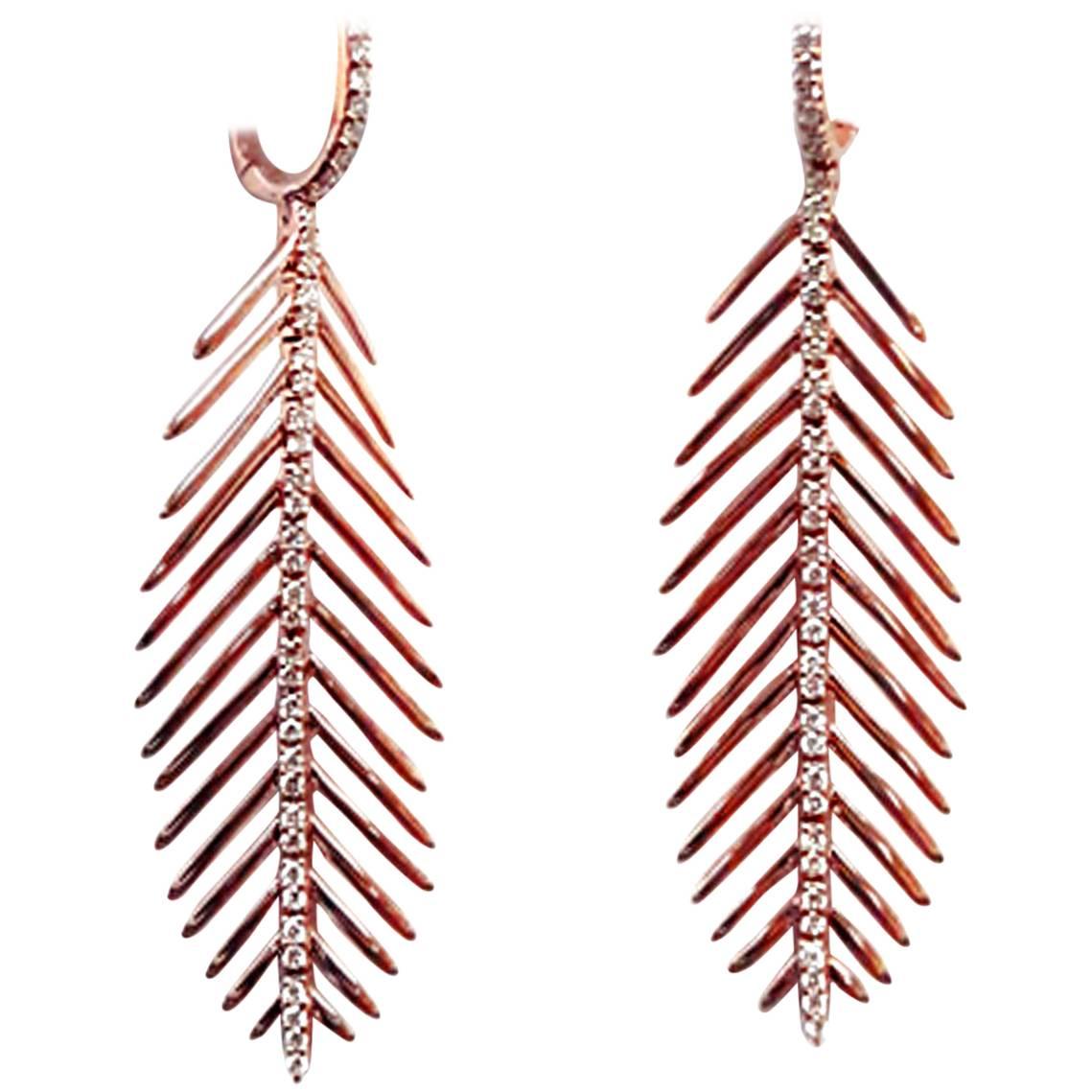 Diamond Rose Gold Feather Earrings For Sale