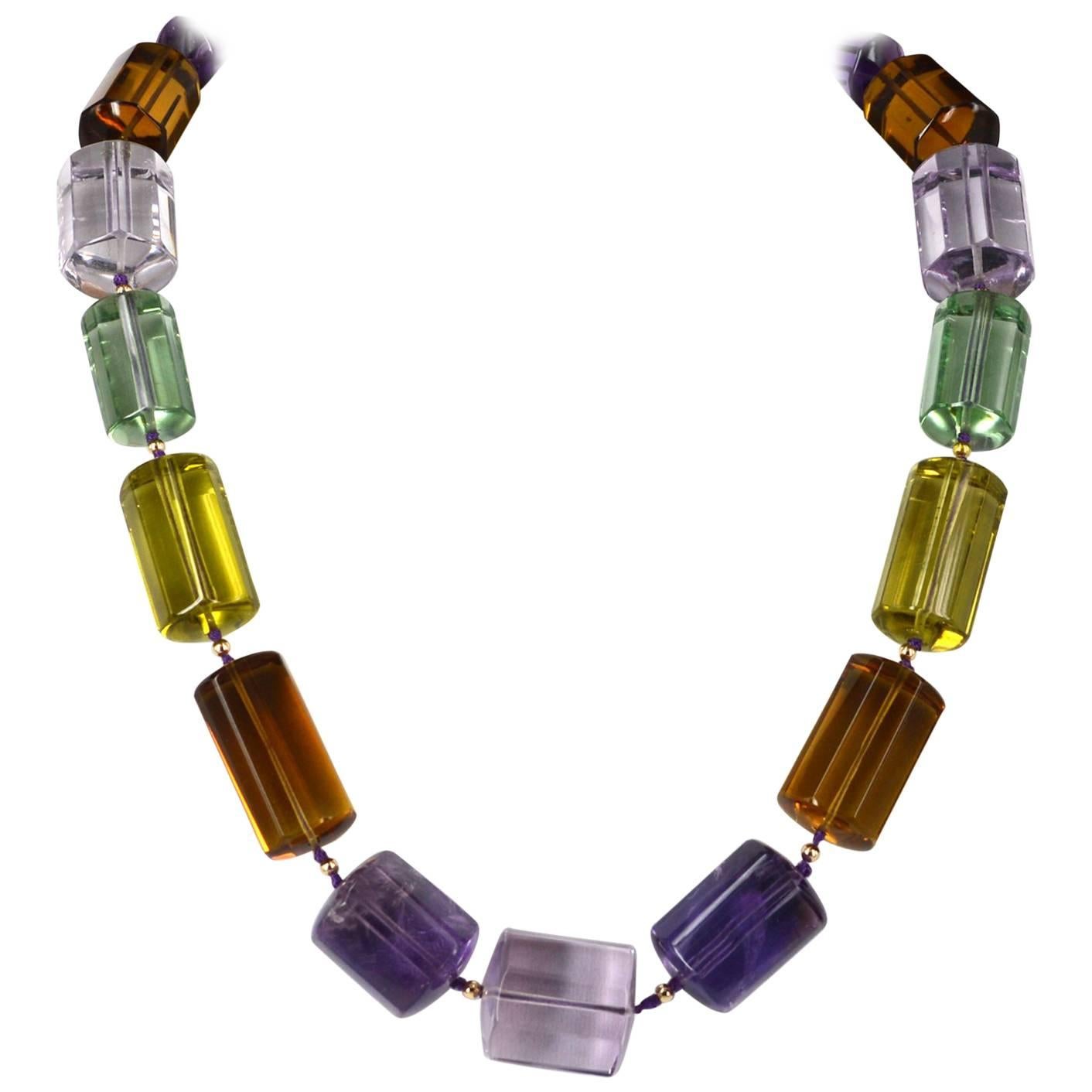 One off Statement Amethyst, Prasiolite Lemon and Beer Quartz Gold Necklace For Sale