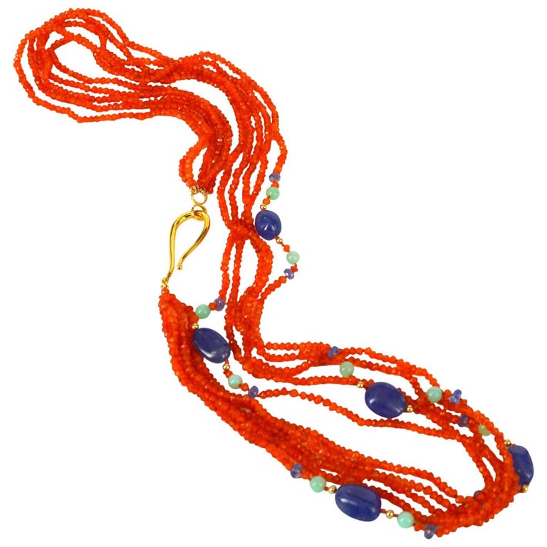 Tanzanite Chrysophrase Carnelian Gold Necklace For Sale