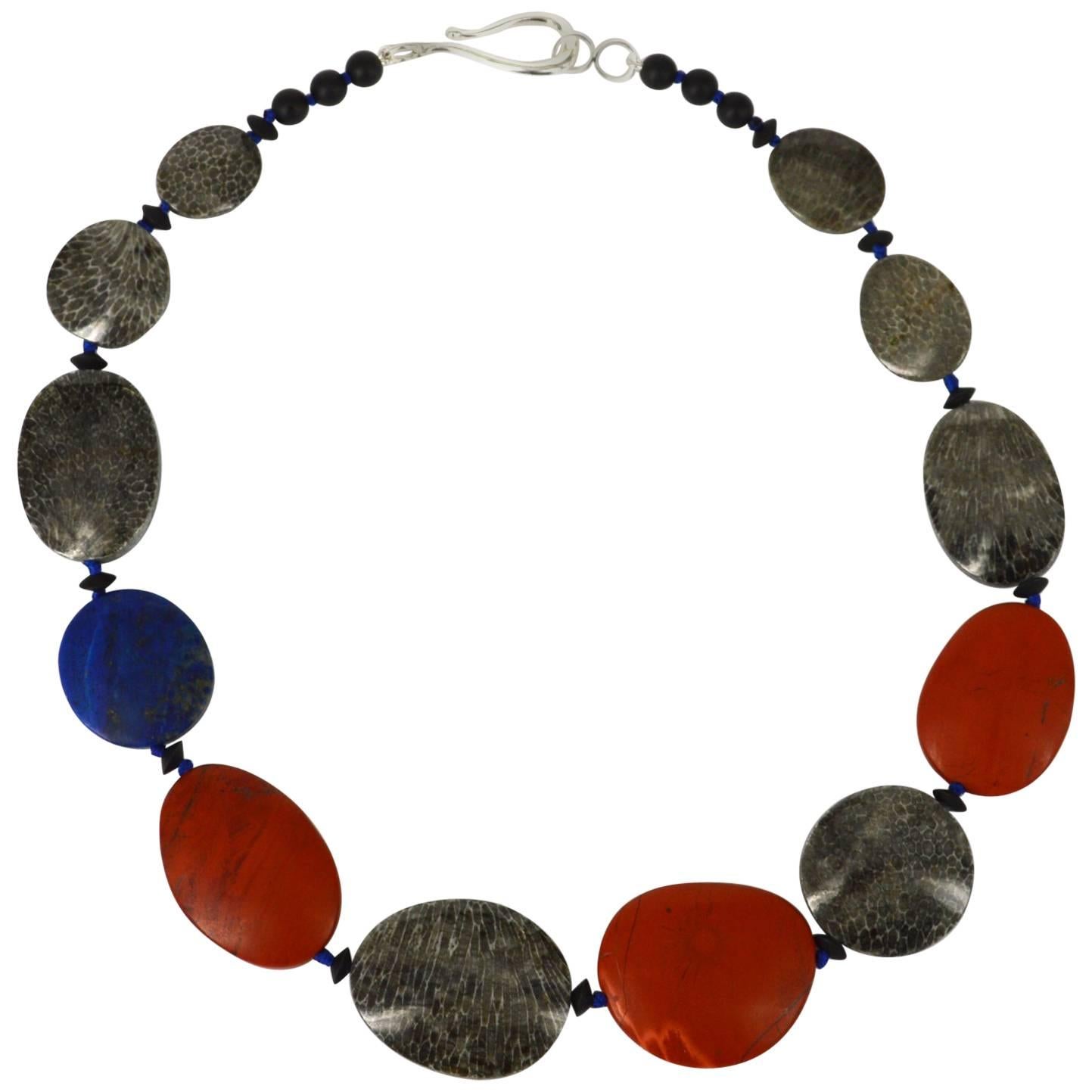 Bryozoan Fossil Coral Red Jasper Lapis Lazuli Onyx Silver Necklace For Sale
