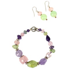 Amethyst Rose Quartz Prehnite Silver Earrings and Bracelet