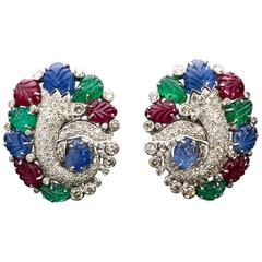 Giansanti, Rome-Floral Ruby, Emerald, Blue Sapphire, Diamond Gold Earrings 8