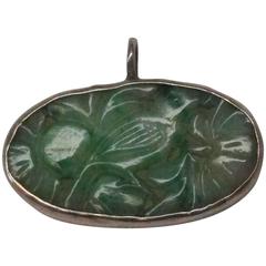 Art Deco Carved Jade Sterling Silver Pendant 9