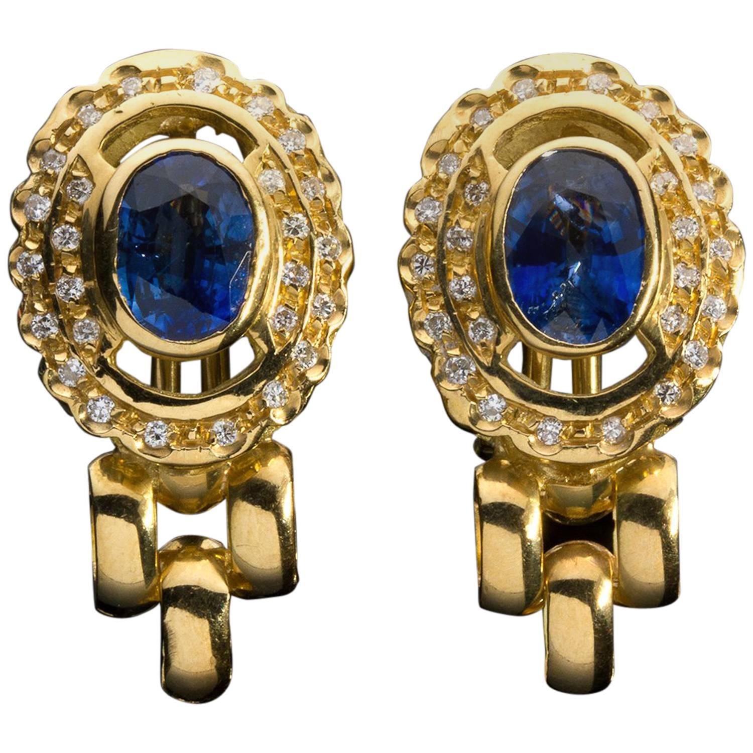 Blue Sapphire and Diamond Gold Earrings For Sale