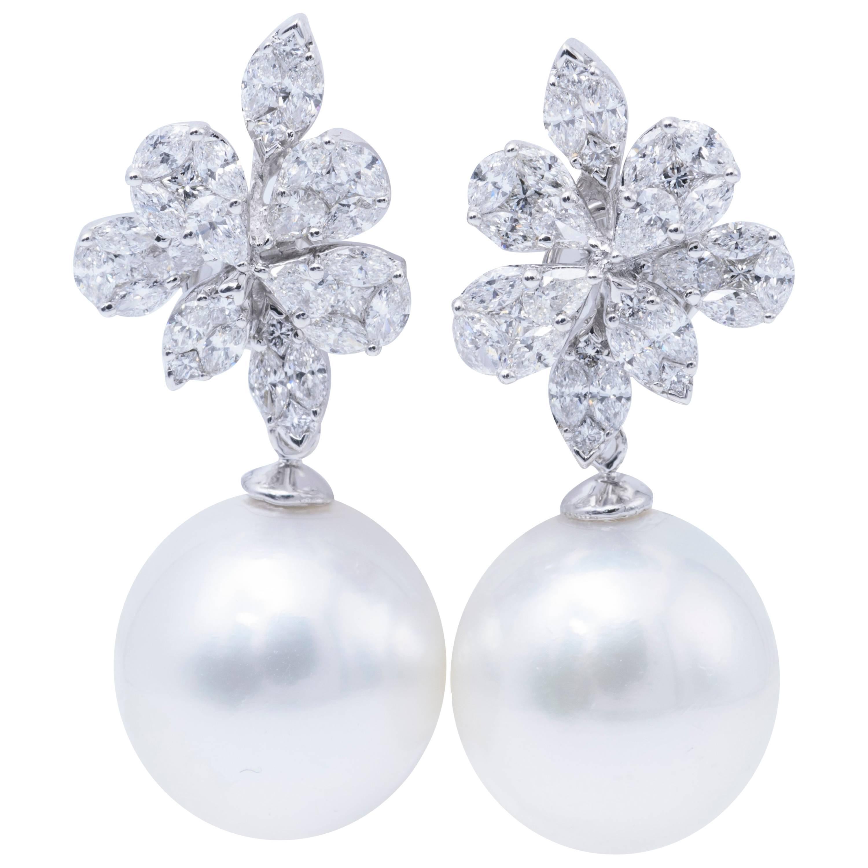 South Sea Pearl Diamond White Gold Fancy Cluster Earrings