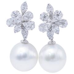 South Sea Pearl Diamond White Gold Fancy Cluster Earrings 12