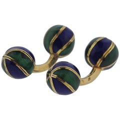 French Gold Blue Green Enamel Ball Cufflinks