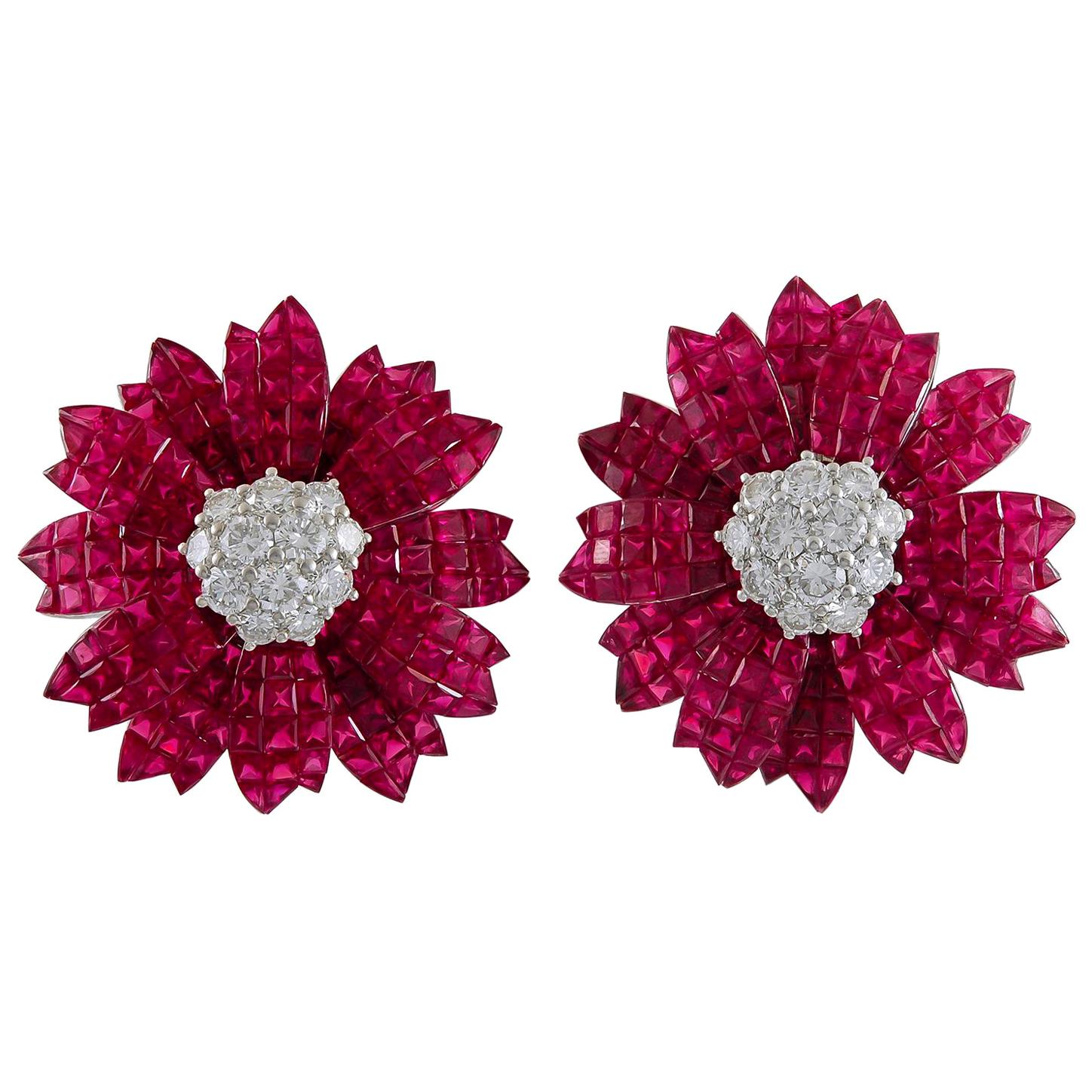 Sabbadini Ruby Diamond Invisible Set Flower Earrings For Sale