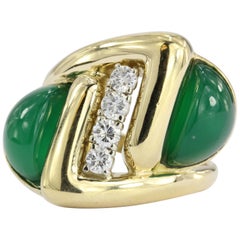 Modernist Yellow Gold Diamond Green Chrysoprase Ring, circa 1970