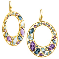 Lauren Harper Collection, boucles d'oreilles en or, améthyste London, topaze bleue, aigue-marine