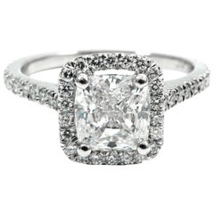 GIA Certified 1.40 Carat Cushion Cut Diamond Platinum Pave Halo Ring 2