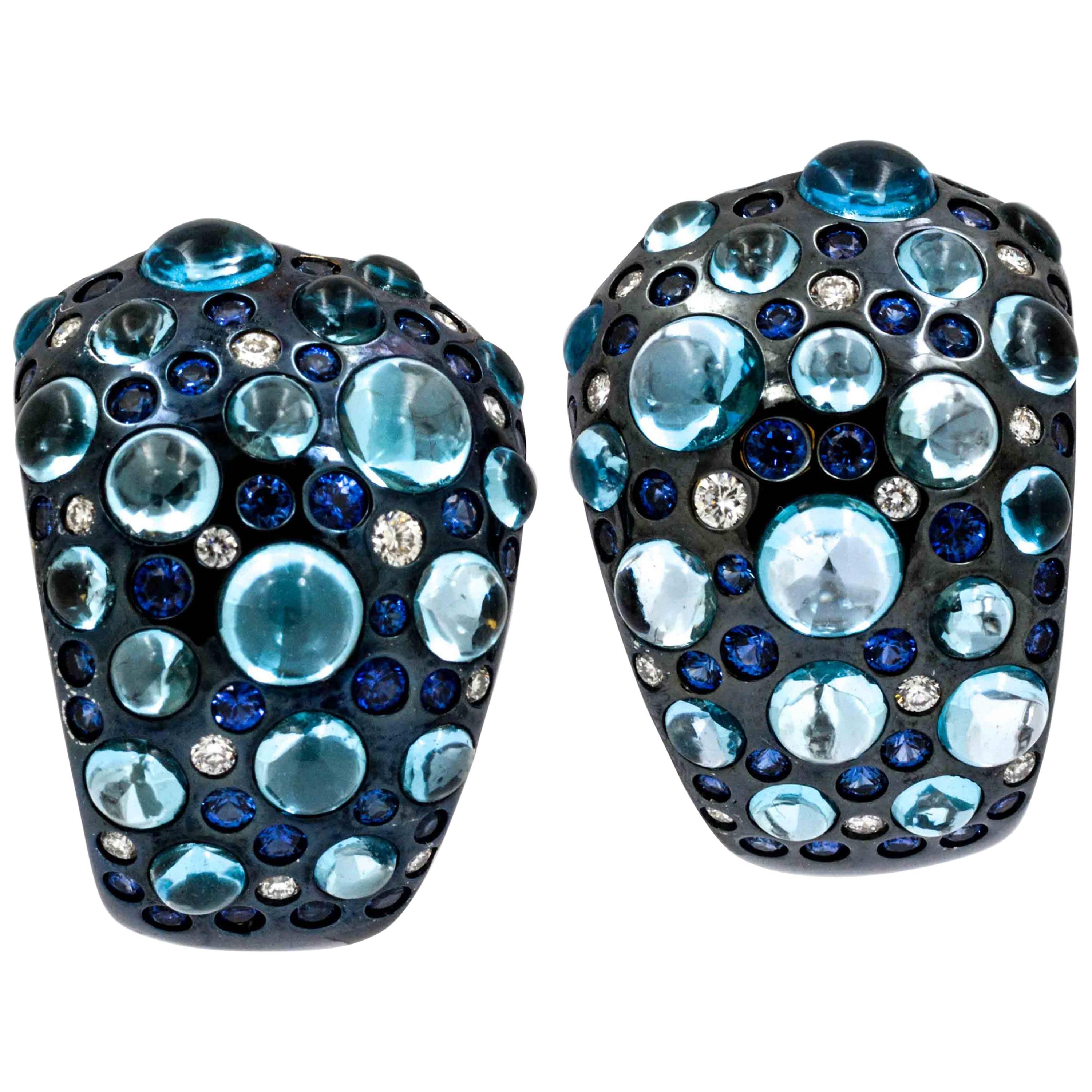 Rodney Rayner Blue Topaz, Sapphire, Diamond 18 KW Gold Earrings