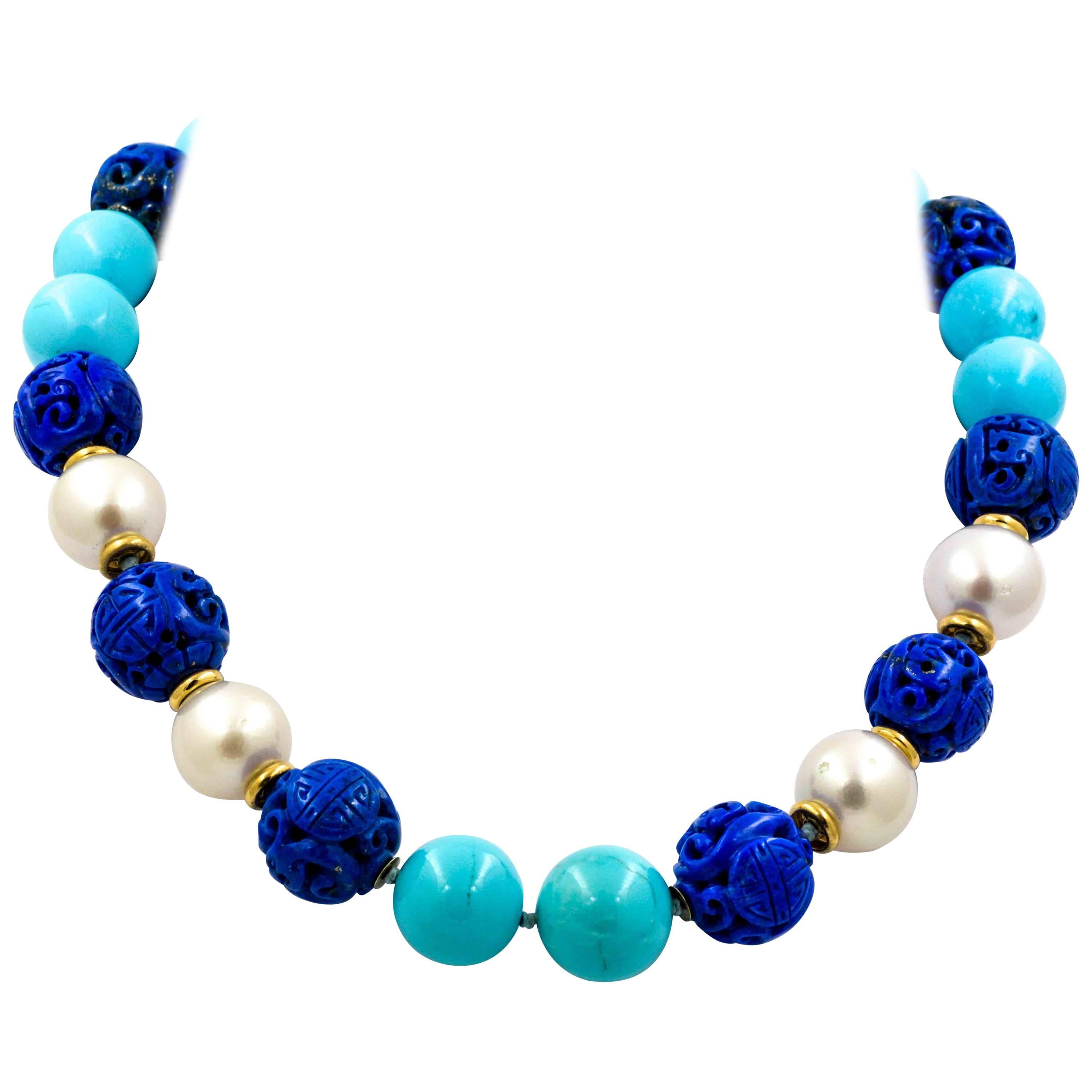 Seaman Schepps Antique Hand Carved Lapis Turquoise Cultured Pearl Necklace