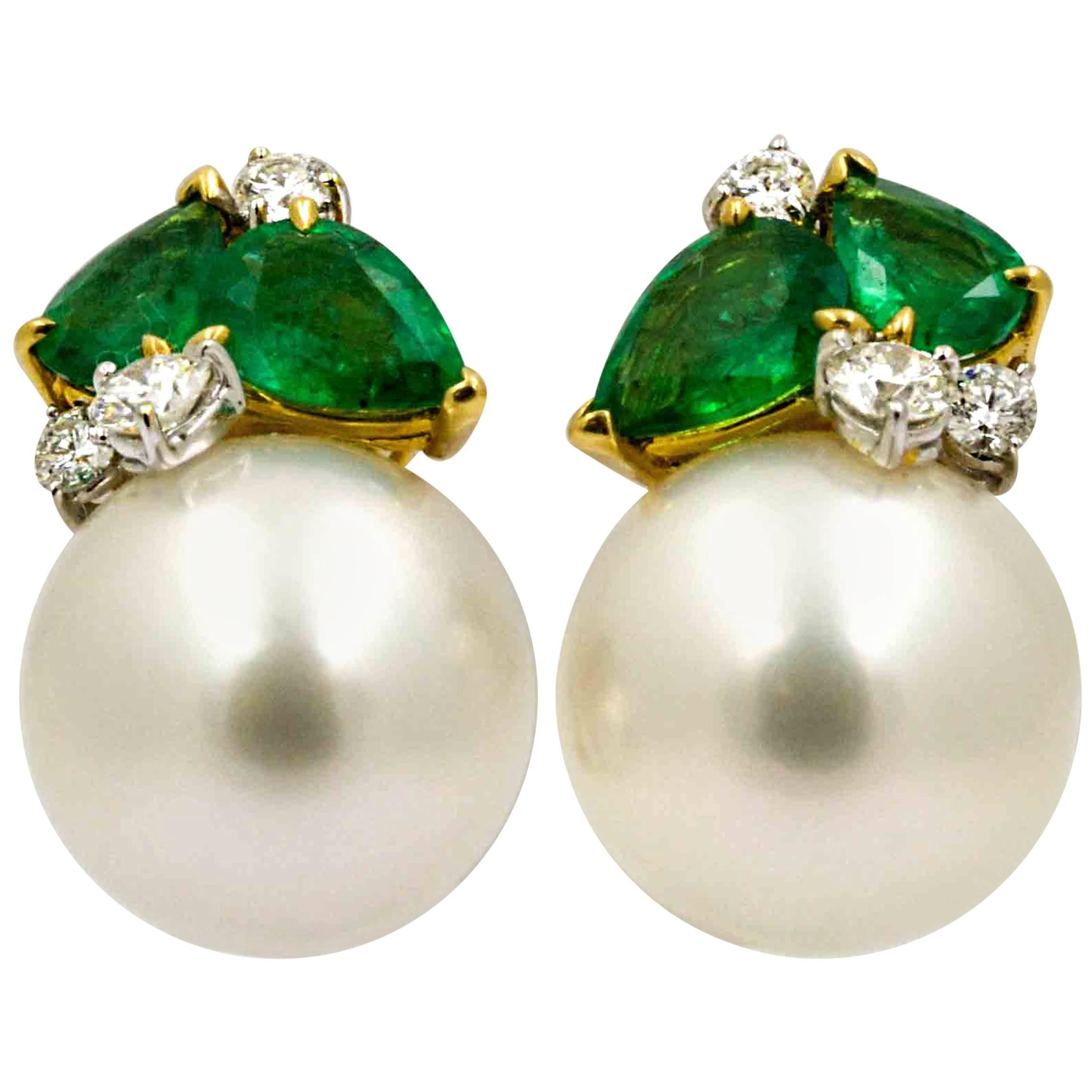 Seaman Schepps South Sea Cultured Pearl Emerald Diamond Earrings