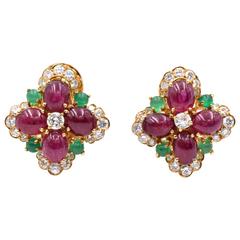 Vintage Van Cleef & Arpels Ruby Chrysoprase Diamond Gold Ear Clips 4