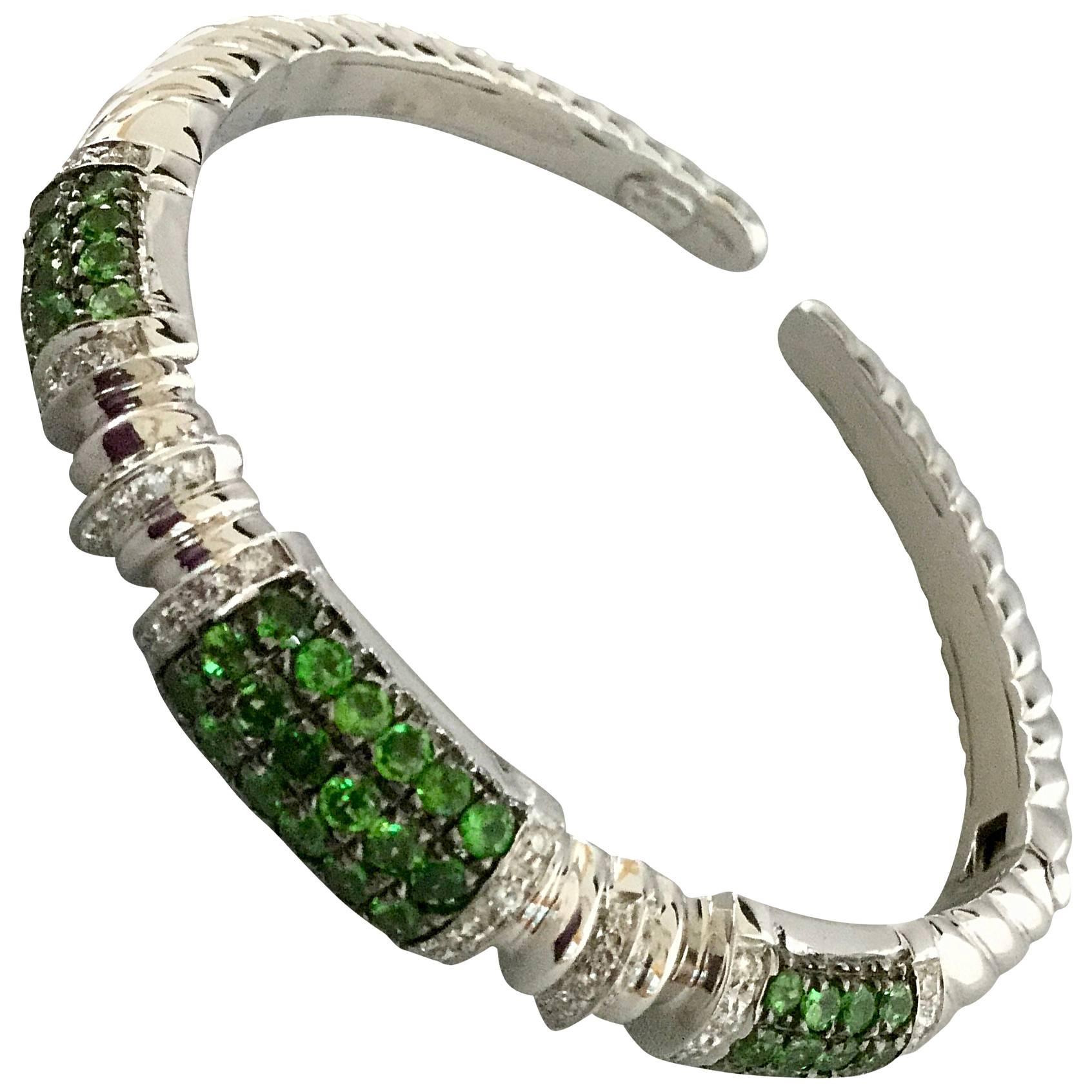 Tsavorite Diamond White Gold Cuff Bracelet  For Sale