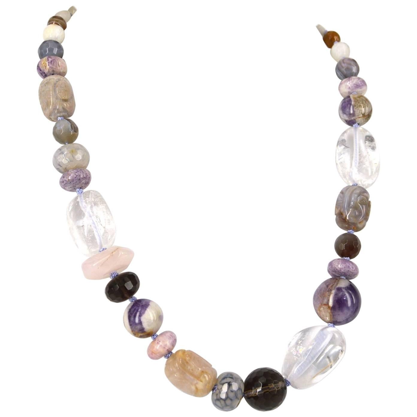 Amethyst Clear Rose Smokey Quartz Moonstone Agate Silver Necklace For Sale