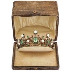 19th Century Austro-Hungarian Emerald Ruby Pearl Tiara