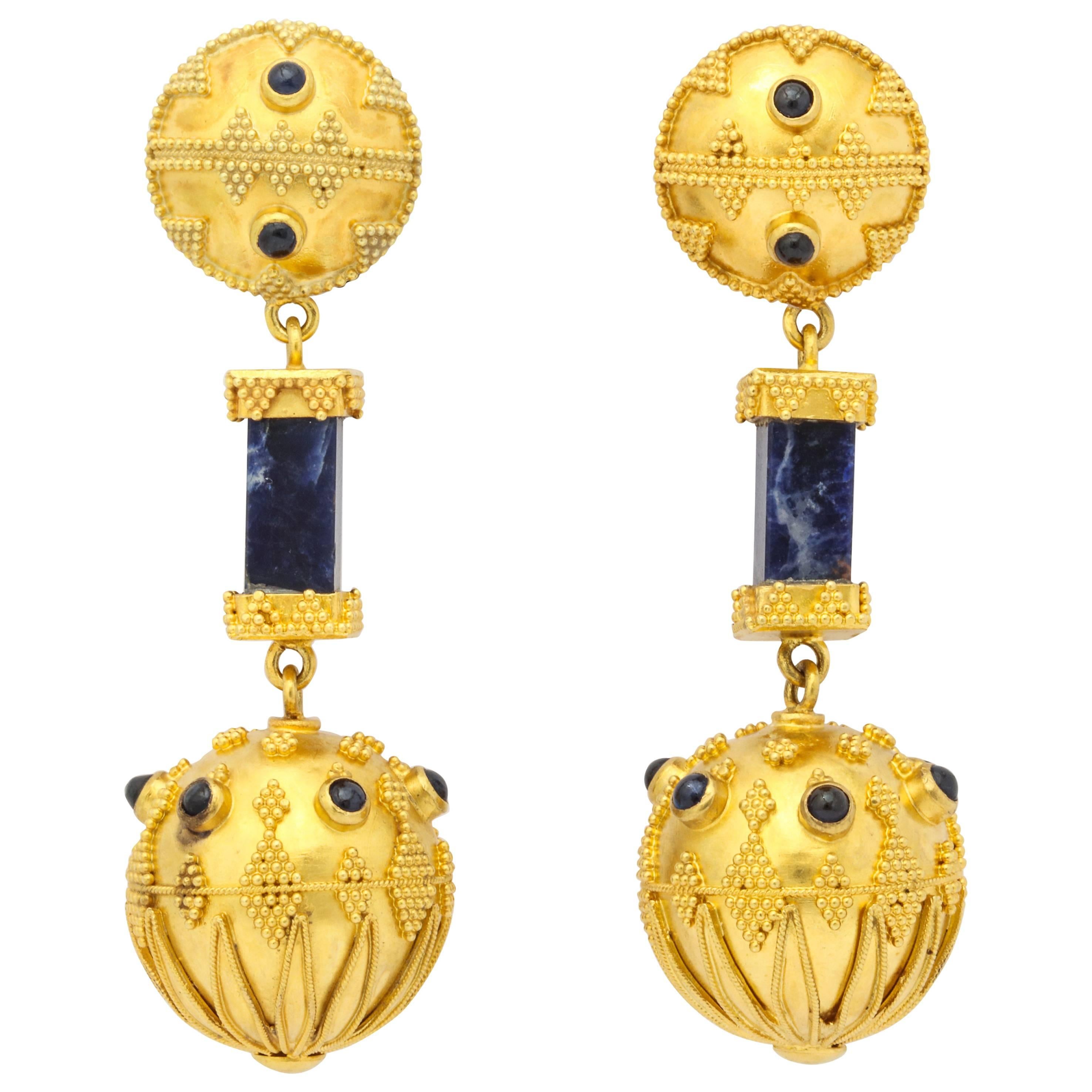 Classical Greek Lapis Granulated Gold Ball Earrings For Sale