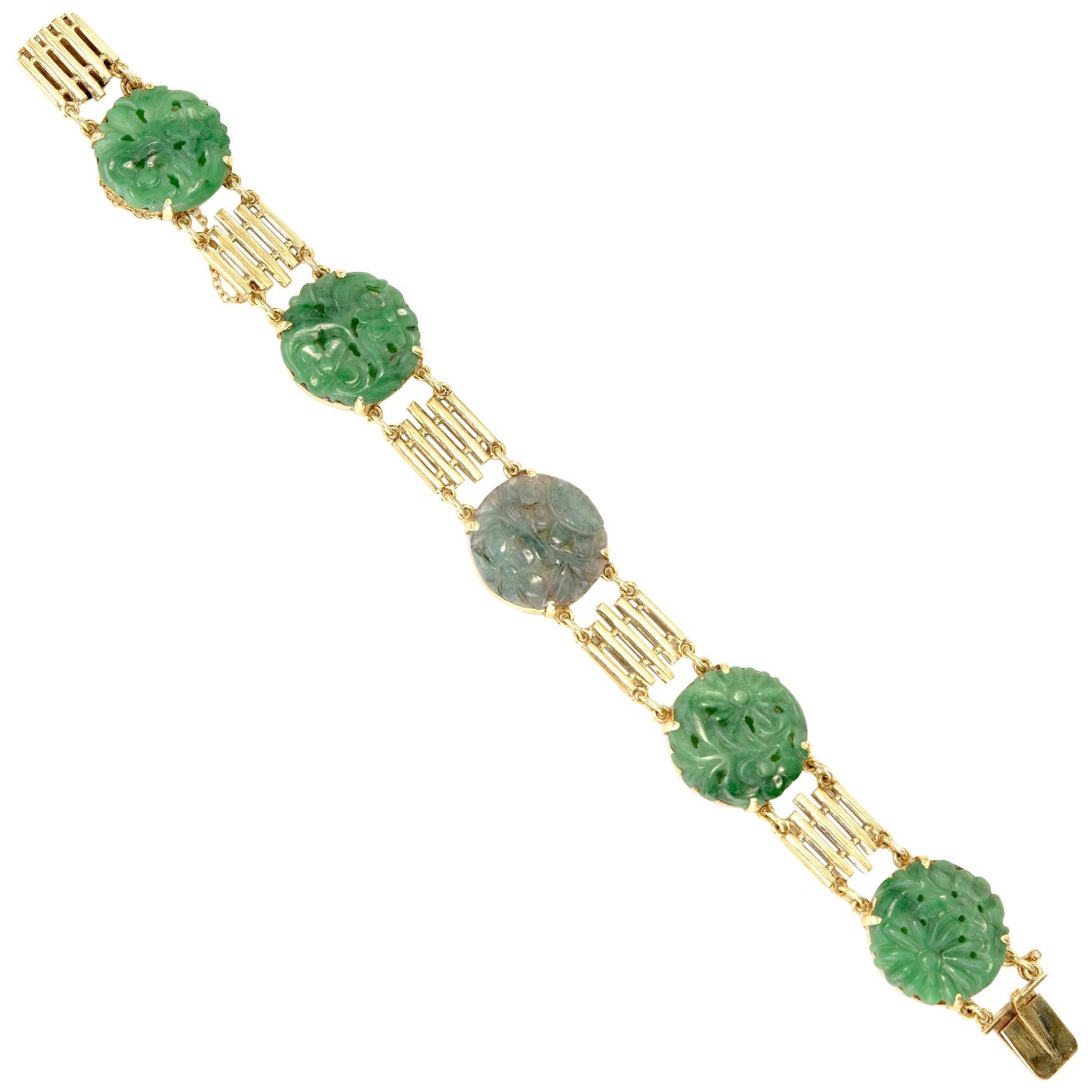 GIA Certified Art Deco Carved Natural Jadeite Jade Gold Bracelet For Sale
