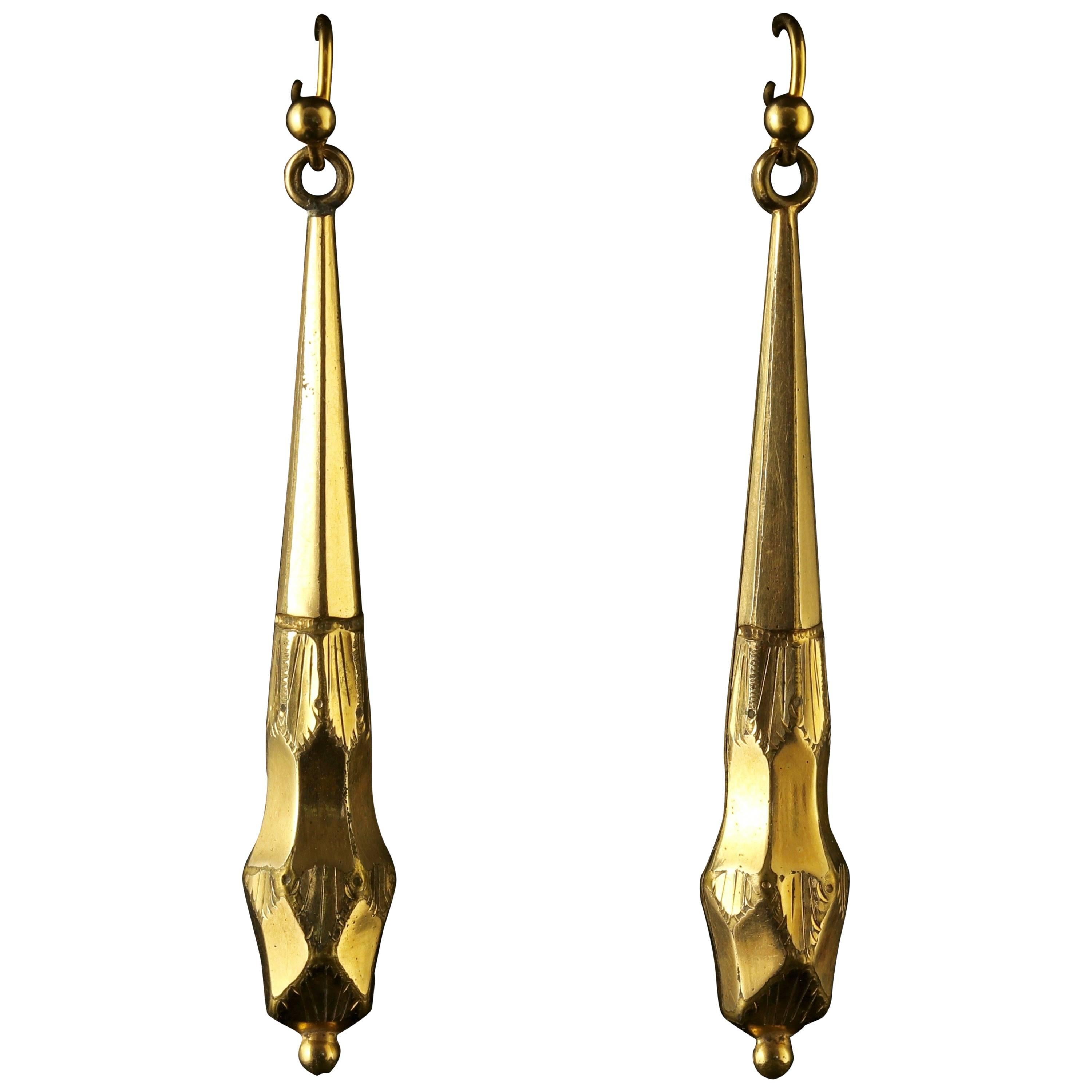 Antique Victorian Long Gold Gilt Earrings, circa 1900