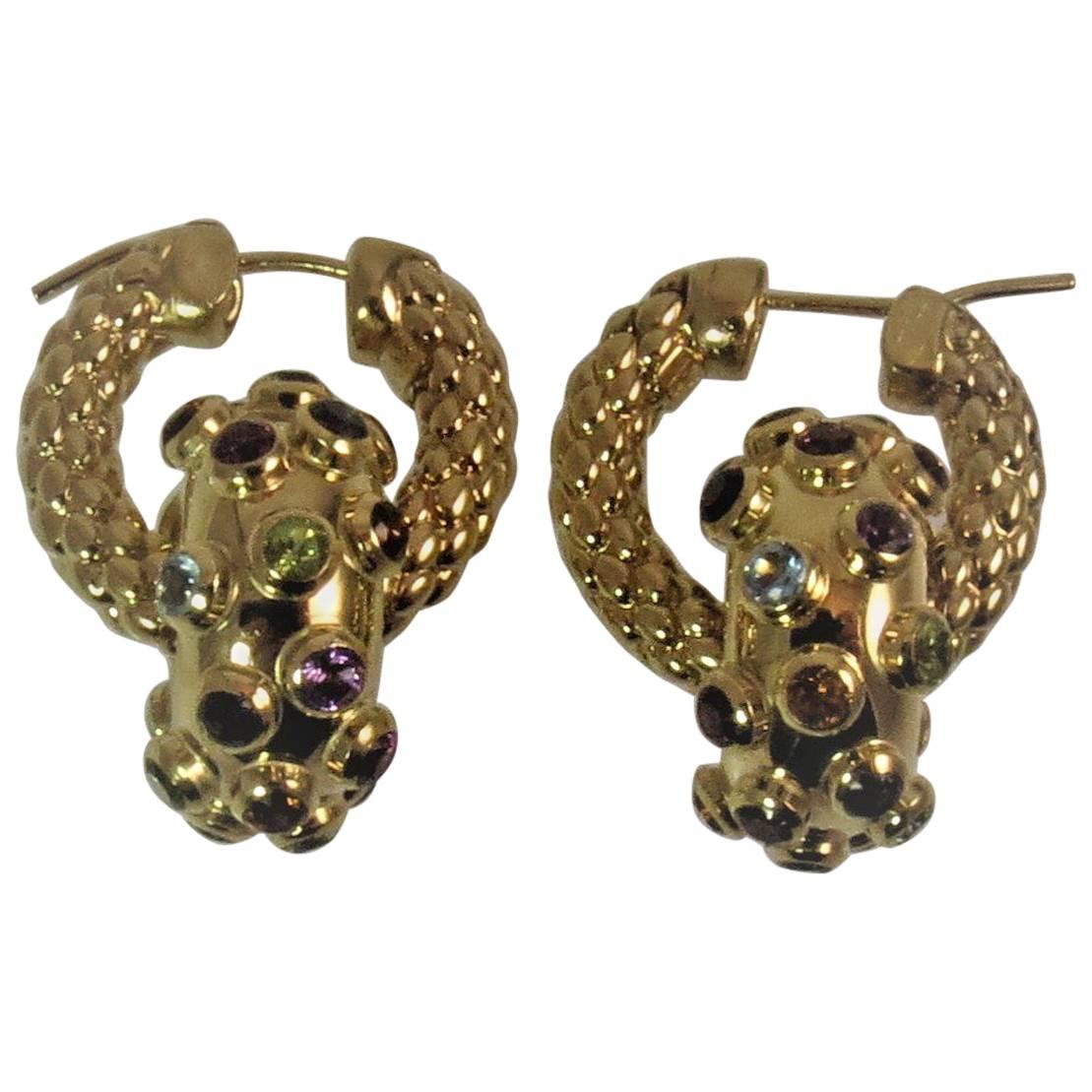 Multi-Color Semi-Precious Stones Yellow Gold Detachable Hoop Earrings